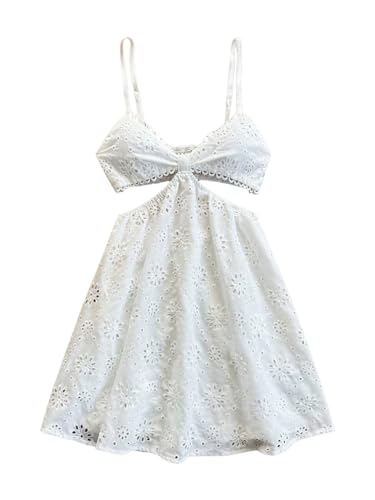 SHENHE Women's Summer Eyelet Open Back Cami Dress Cut Out V Smocked Neck Flowy Boho Vacation Sundress