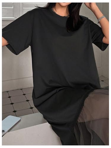 Women's Short Sleeve Crewneck Oversized Tshirt Dress Mesh Ruffle Hem Long Dress