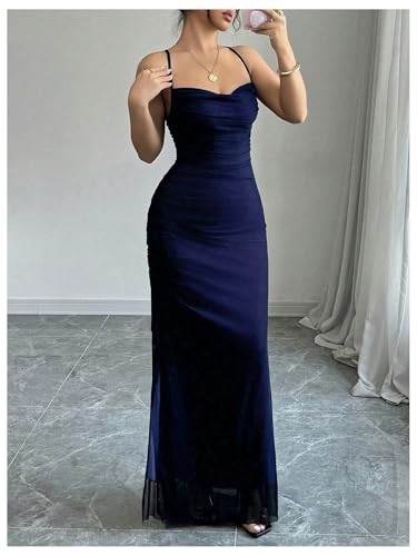 Women's Cowl Neck Mesh Maxi Dress Ruched High Slit Sexy Bodycon Cocktail Party Dress