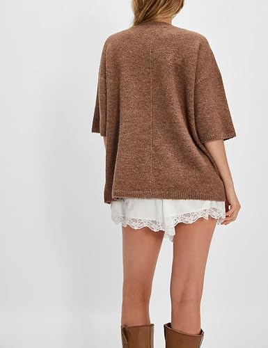 Women Sweater Tee Casual Crewneck Short Sleeve Pullover Top Ribbed Knit Loose Shirt