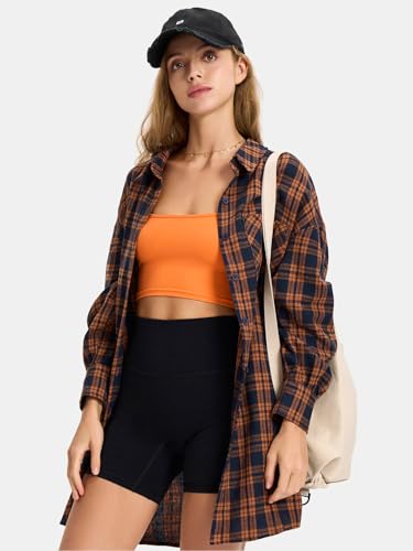 Womens Plaid Flannel Shacket Long Sleeve Button Down Shirts Long Jackets Oversized Spring Fashion Outfits 2025 Clothes