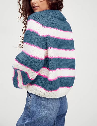 Women Stripe Pullover Sweater Turtleneck Ribbed Knit Top Casual Fall Winter Knitwear