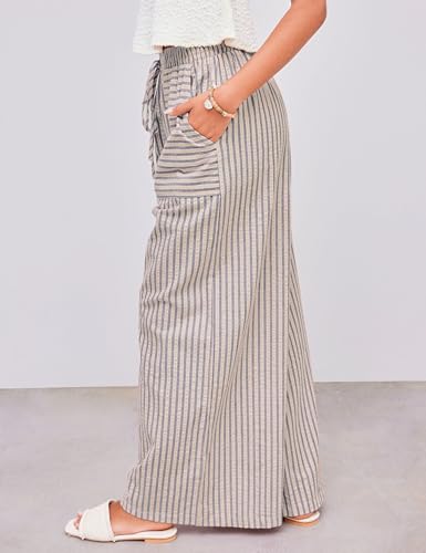 Women's Wide Leg Pants Drawstring Striped Cotton Mid Rise Casual Long Palazzo Trousers with Pockets