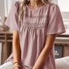 Womens Summer Tops Crewneck Short Sleeve Shirts Casual Chiffon Blouses Flowy Lace Hem Boho Clothing Trendy 2025