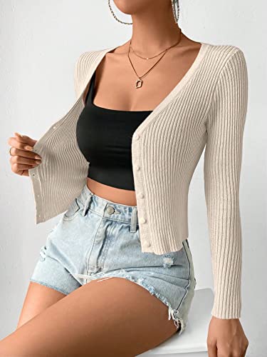 Women's Ribbed Knit Button Down V Neck Lightweight Cropped Cardigan Sweater