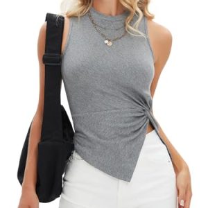 Women's Summer Sleeveless High Neck Tank Tops Sexy Twist Knot Asymmetrical Hem Shirts Going Out Top 2025