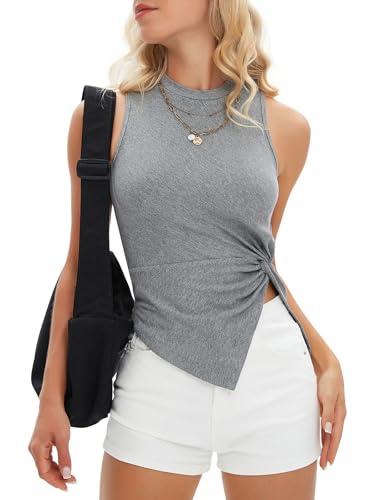 Women's Summer Sleeveless High Neck Tank Tops Sexy Twist Knot Asymmetrical Hem Shirts Going Out Top 2025