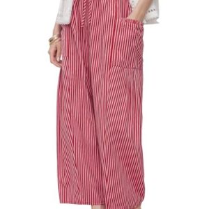 Women Wide Leg Pants Casual Striped Cotton Mid Rise Drawstring Palazzo Trousers with Pockets