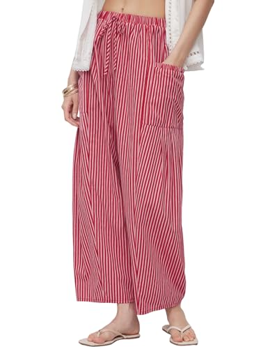 Women Wide Leg Pants Casual Striped Cotton Mid Rise Drawstring Palazzo Trousers with Pockets