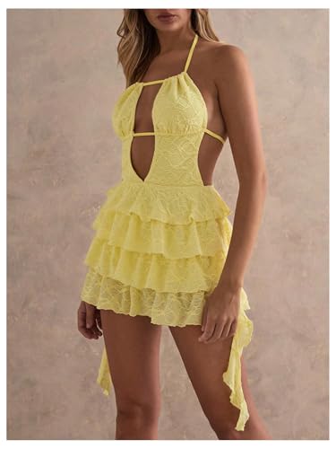 Women's Y2k Ruffle Lace Backless Layered Halter Mini Dress Deep V Party Jellyfish Dress