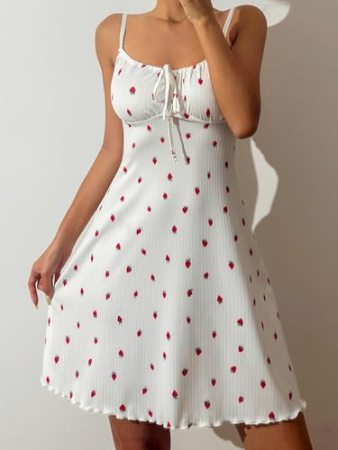 Women's Sexy Strawberry Pajama Dress Bow Sweetheart Neck Sleeveless Babydoll Nightgown Pj Sleep Dress