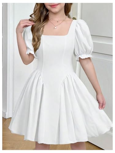 Girl's Summer Puff Sleeve Bow Back Party Graduation Dress A Line Flowy Fancy Dress