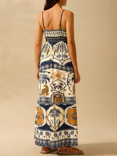 Women's Summer Tropical Floral Maxi Dress Spaghetti Strap V Neck Flowy Vacation Dresses