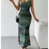 Women's Tie Dye Mesh Maxi Dress Cowl Neck Backless Sexy Bodycon Party Long Dress