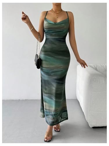 Women's Tie Dye Mesh Maxi Dress Cowl Neck Backless Sexy Bodycon Party Long Dress