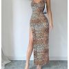 Women's Sexy High Slit Leopard Maxi Dress Open Back Bodycon Backless Cami Dress