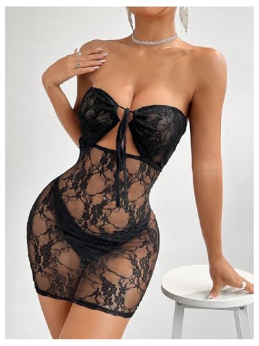 Women's Sexy Sheer Lace Bodycon Strapless Mini Dress Cutout Party Club Tube Dress