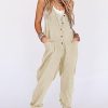 Womens Overalls Linen Cotton Jumpsuits Loose Casual Jumpers with Pockets