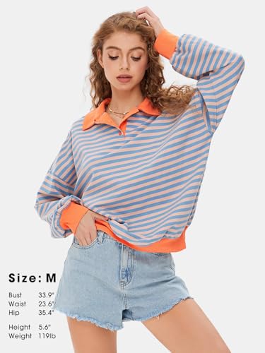 Womens Oversized Sweatshirt for Women 2024 Fall Button Striped Long Sleeve Shirts Hoodies Preppy Top Y2K Outfits