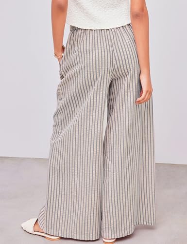 Women's Wide Leg Pants Drawstring Striped Cotton Mid Rise Casual Long Palazzo Trousers with Pockets