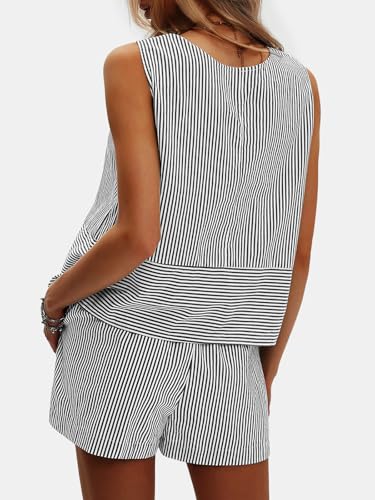 Women's Summer 2 Piece Outfits Sleeveless Tank Top Matching Shorts Sets Cotton Striped Sweatsuits Vacation Beach 2025