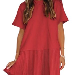 Womens Summer Casual Short Sleeve Dress Crewneck Tshirt Dresses Pleated Aline Mini Dress 2025 Vacation Beach Sundress