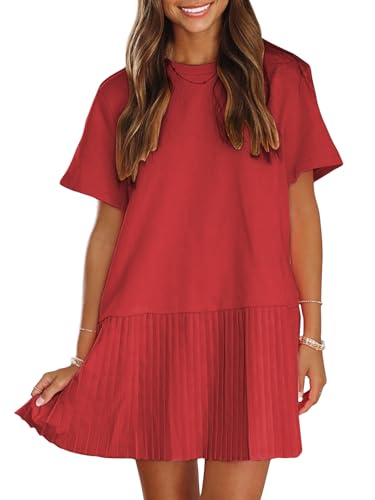 Womens Summer Casual Short Sleeve Dress Crewneck Tshirt Dresses Pleated Aline Mini Dress 2025 Vacation Beach Sundress