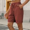 Womens Casual Loose Elastic Drawstring Summer Beach Bermuda Pocketed Shorts