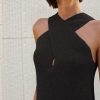 Women Halter Cross Over Collar Tank Knit Sleeveless Top Solid Color Casual Summer Blouse