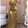 Women's Sexy Open Back Shiny Metallic Maxi Dress Cowl Neck Bow Bodycon Cocktail Party Dress