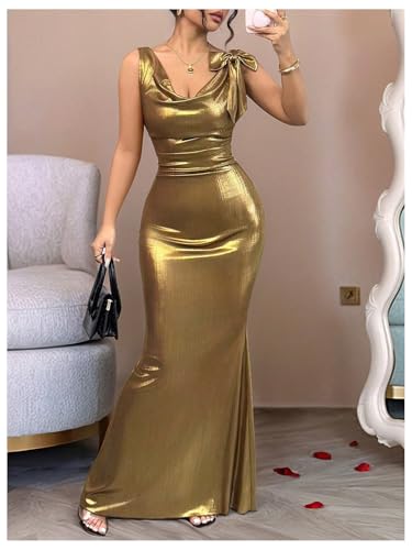Women's Sexy Open Back Shiny Metallic Maxi Dress Cowl Neck Bow Bodycon Cocktail Party Dress