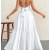 Women's Deep V Neck Tie Knot Backless Halter Dress A Line Flowy Ruffle Maxi Dress