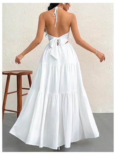 Women's Deep V Neck Tie Knot Backless Halter Dress A Line Flowy Ruffle Maxi Dress