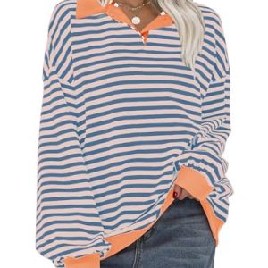 Womens Oversized Sweatshirt for Women 2024 Fall Button Striped Long Sleeve Shirts Hoodies Preppy Top Y2K Outfits