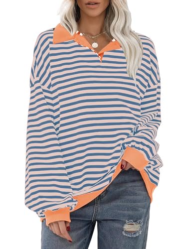 Womens Oversized Sweatshirt for Women 2024 Fall Button Striped Long Sleeve Shirts Hoodies Preppy Top Y2K Outfits