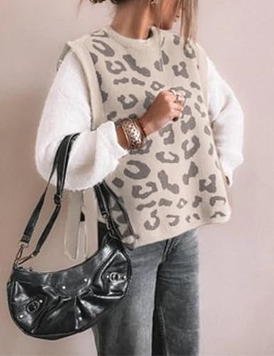 Women Leopard Print Sweater Vest Side Tie Knit Tank Tops Sleeveless Crew Neck Casual Fall Outfits
