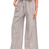 Women's Wide Leg Pants Drawstring Striped Cotton Mid Rise Casual Long Palazzo Trousers with Pockets
