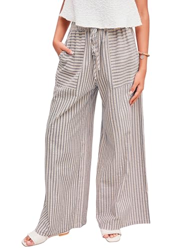 Women's Wide Leg Pants Drawstring Striped Cotton Mid Rise Casual Long Palazzo Trousers with Pockets