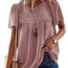 Womens Summer Tops Crewneck Short Sleeve Shirts Casual Chiffon Blouses Flowy Lace Hem Boho Clothing Trendy 2025