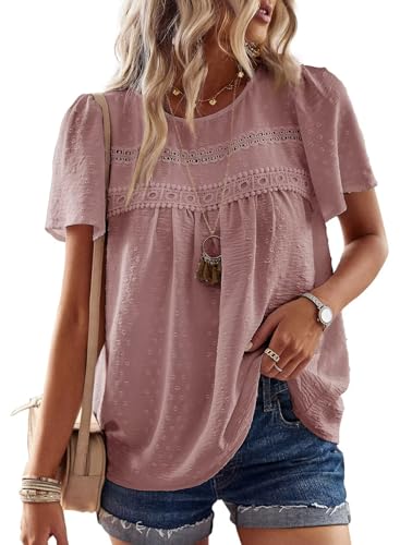 Womens Summer Tops Crewneck Short Sleeve Shirts Casual Chiffon Blouses Flowy Lace Hem Boho Clothing Trendy 2025
