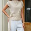 Women Buckle Tie Top Stand Collar Belted Short Sleeve Elegant Summer Casual Blouse