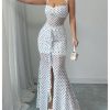 Women's Vintage Polka Dots Halter Ruched Bodycon Ruffle Slit Bodycon Party Maxi Dress