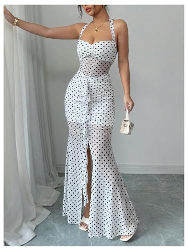 Women's Vintage Polka Dots Halter Ruched Bodycon Ruffle Slit Bodycon Party Maxi Dress