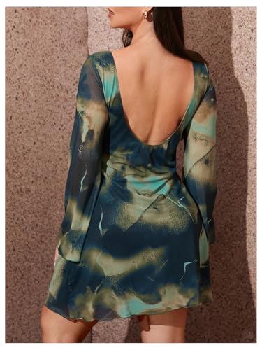 Women's Plus Size Sexy Backless Tie Dye Mesh Dress Bell Sleeve Flared Y2k Mini Dress