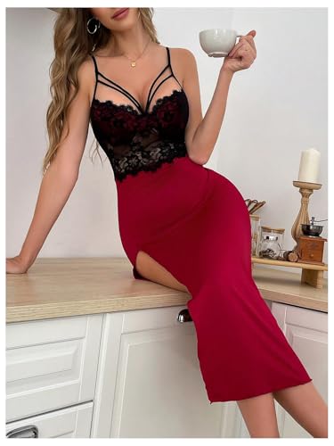 Women's Lace Lingerie Dress Sleeveless High Slit Long Nightgown Chemise Nightdress