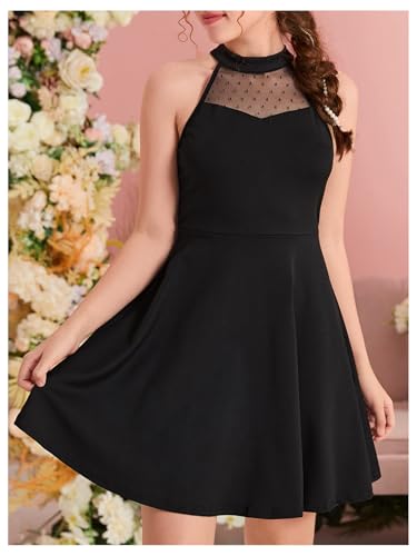 Girl's Halter Neck Sleeveless Mesh A Line Flared Flowy Elegant Short Party Dress