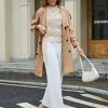 Women Buckle Tie Top Stand Collar Belted Short Sleeve Elegant Summer Casual Blouse