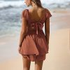 Women's 2025 Summer Ruffle Short Sleeve Tie Back Romper Dress Square Neck A Line Cute Dressy Short Jumpsuits