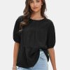 Women's Summer Tops Dressy Casual Short Lantern Sleeve Shirts Crew Neck Hollow Out Lace Embroidered Blouses Shirts