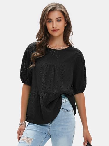 Women's Summer Tops Dressy Casual Short Lantern Sleeve Shirts Crew Neck Hollow Out Lace Embroidered Blouses Shirts